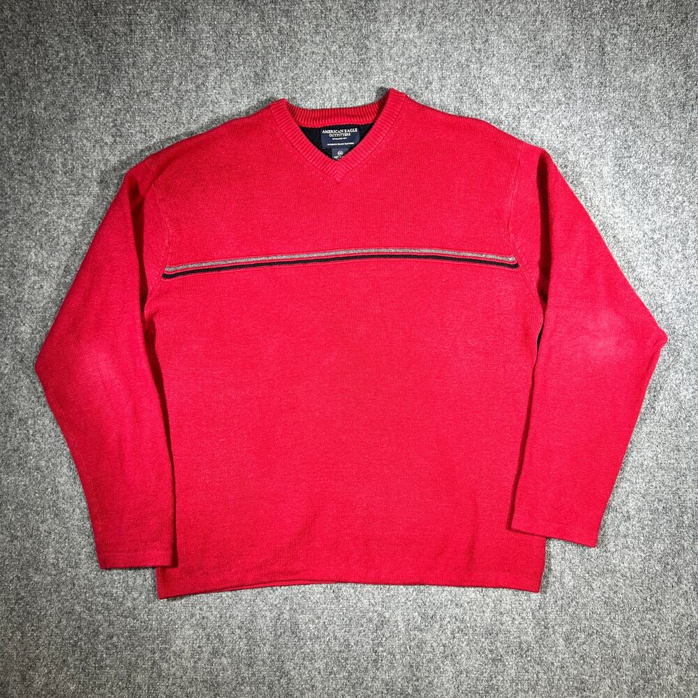 Y2K American Eagle Outfitters Red V-Neck Sweater 2XL Striped Knit